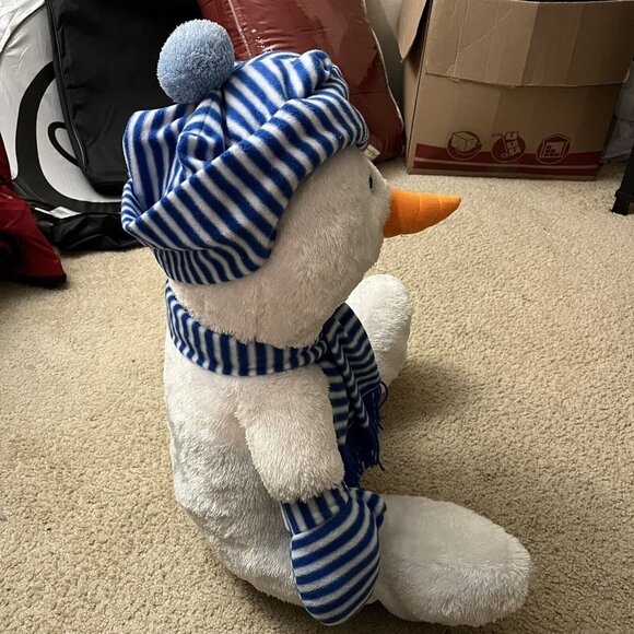 CHRISHA PLAYFUL PLUSH SNOWMAN White Blue STRIPED SCARF Mittens Hat 28" Stuffed - Picture 2 of 6